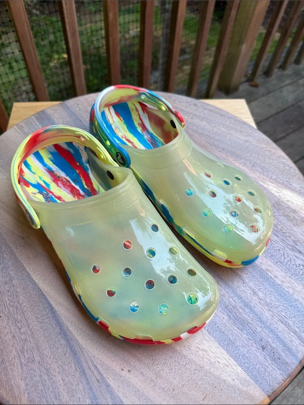 CROCS Iridescent Yellow Clogs with Multicolor Trim - Picture 9 of 14